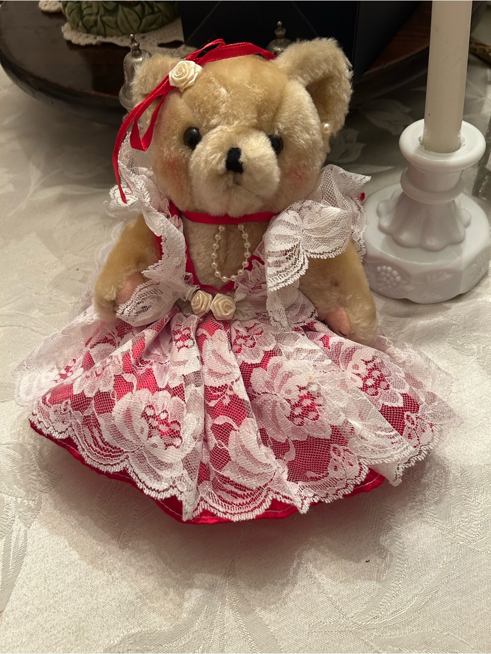 Vintage coquette teddy bear with pearls and red lace dress